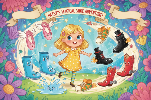 A whimsical cartoon illustration of little blonde Patsy surrounded by magical animated shoes