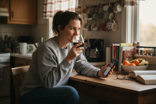 A relatable woman in her 40s sitting in her kitchen drinking wine and scrolling through a dating app