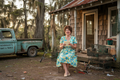 A church-going Southern woman laughing on a bayou porch with a rusty truck in the background