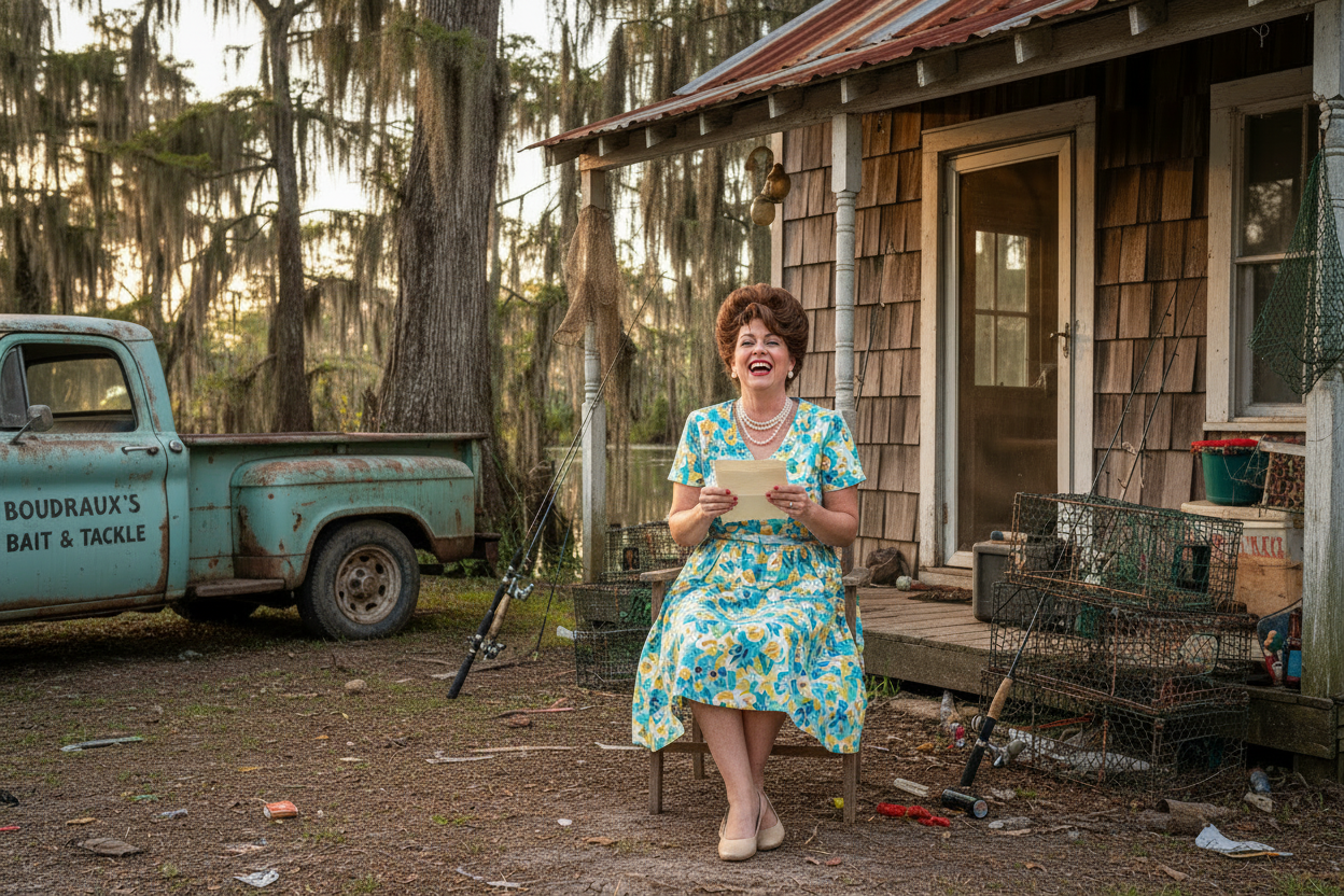 A church-going Southern woman laughing on a bayou porch with a rusty truck in the background